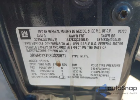 2003 Chevrolet Avalanche 1500 from USA, damaged, VIN 3GNEC13T53G323671